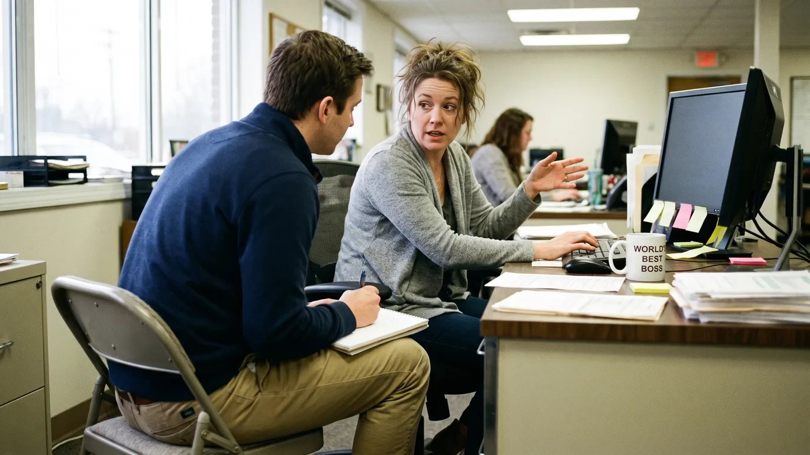 Consultant taking notes in a notebook beside a marketer working at her desk in a small office