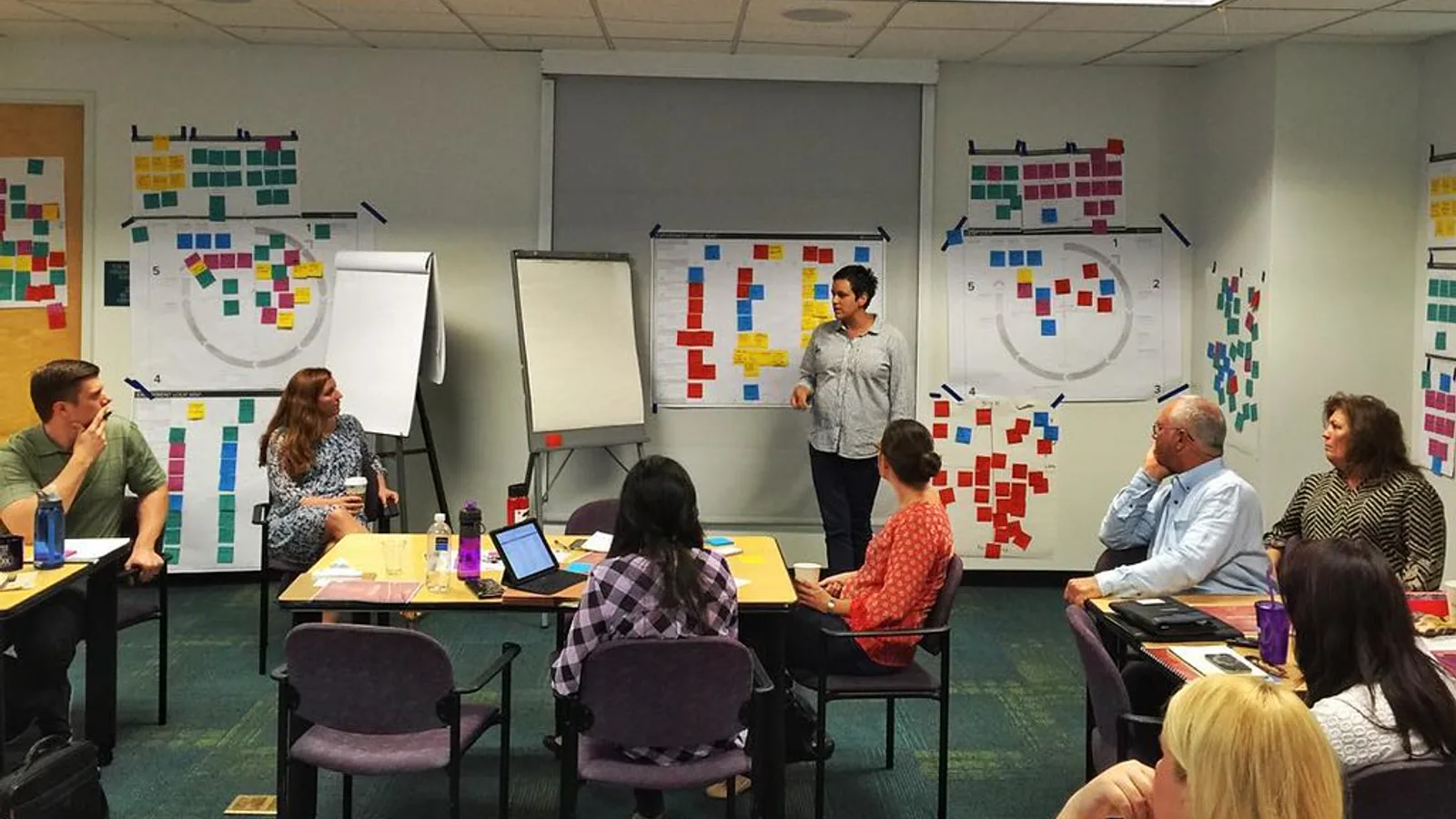 Team mapping a marketing process with sticky notes on a whiteboard, the work an AI marketing consultant starts with