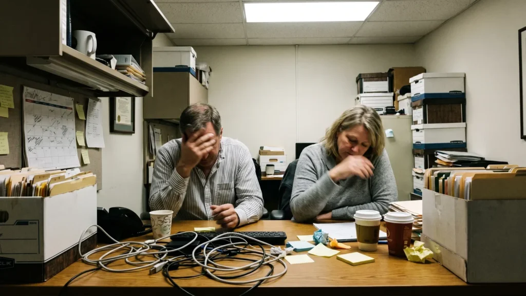 Two marketers working at a cluttered marketing operations desk in an ordinary office