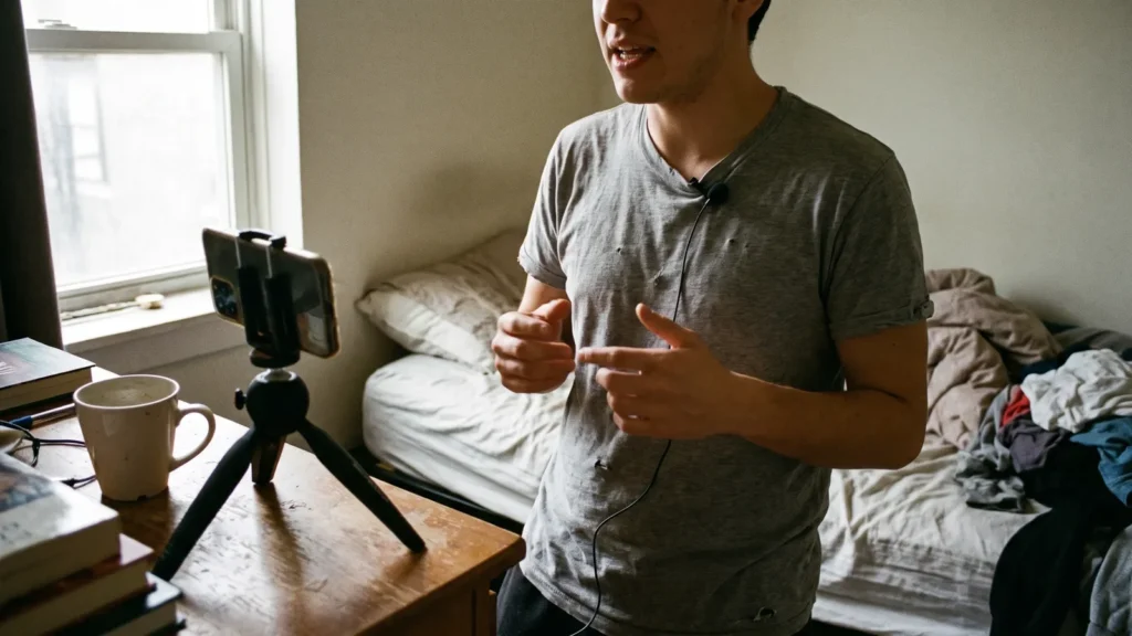 Phone on a mini tripod filming a person in a cluttered bedroom, the handheld look AI UGC ads copy