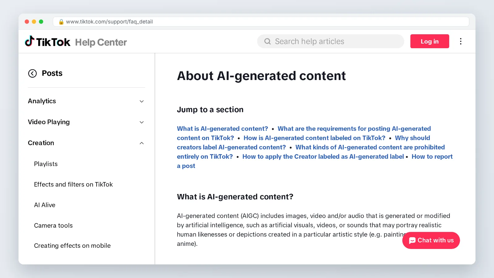 TikTok support page describing the AI-generated content label for posts