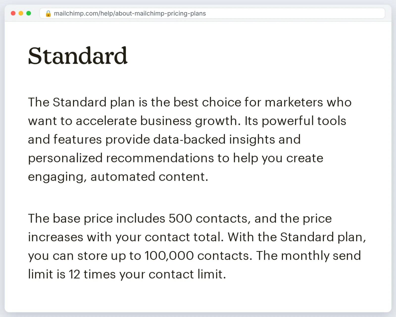Screenshot of Mailchimp help page section headed Standard, describing the plan's contact limit and monthly send limit.
