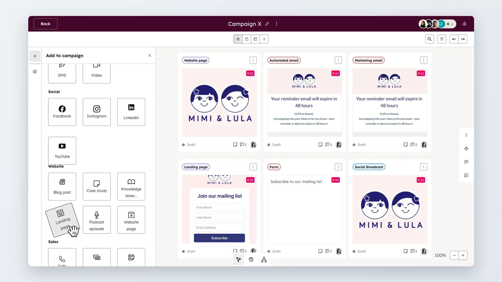 HubSpot Marketing Hub campaign board with website page, automated email, marketing email, landing page and form cards