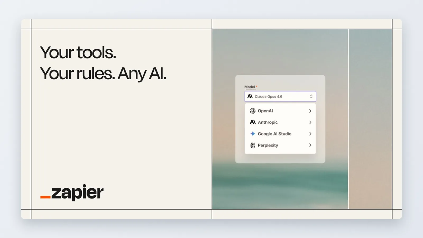 Zapier share image: Model dropdown listing OpenAI, Anthropic, Google AI Studio, Perplexity, with Zapier logo