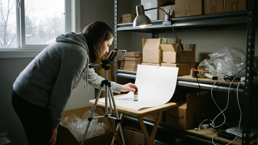 Phone on a tripod photographing a product bottle — source shots for AI Facebook and Instagram ad creatives