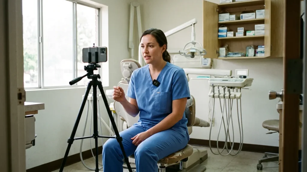 Dentist in scrubs recording a dental video marketing clip on a tripod-mounted phone in an operatory