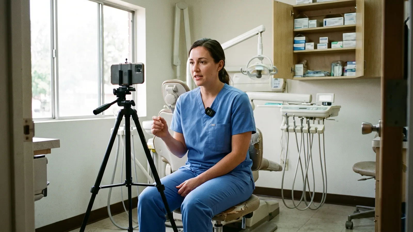 Dentist in scrubs recording a dental video marketing clip on a tripod-mounted phone in an operatory