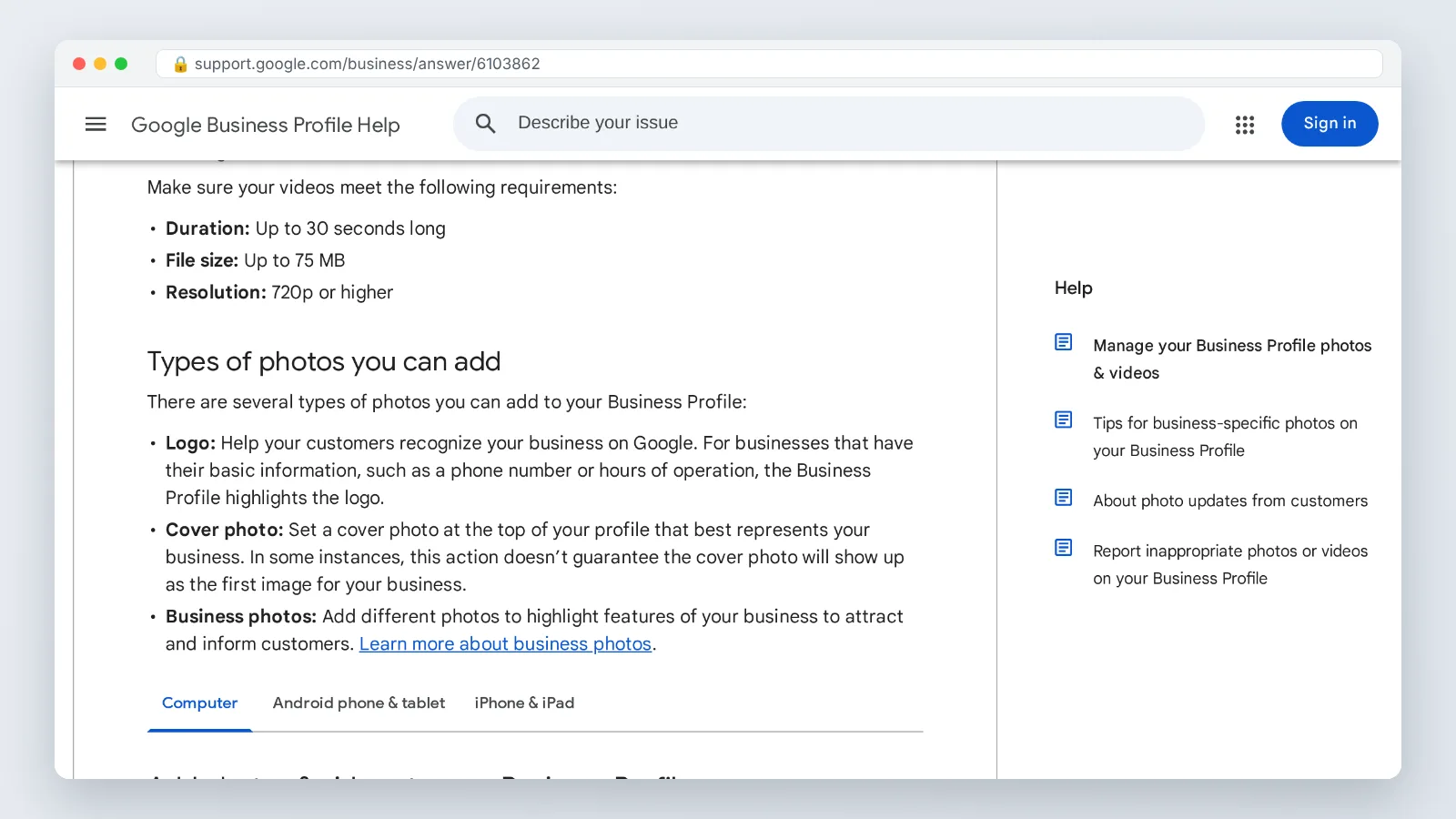 Google Business Profile Help page listing video duration, file size and resolution requirements