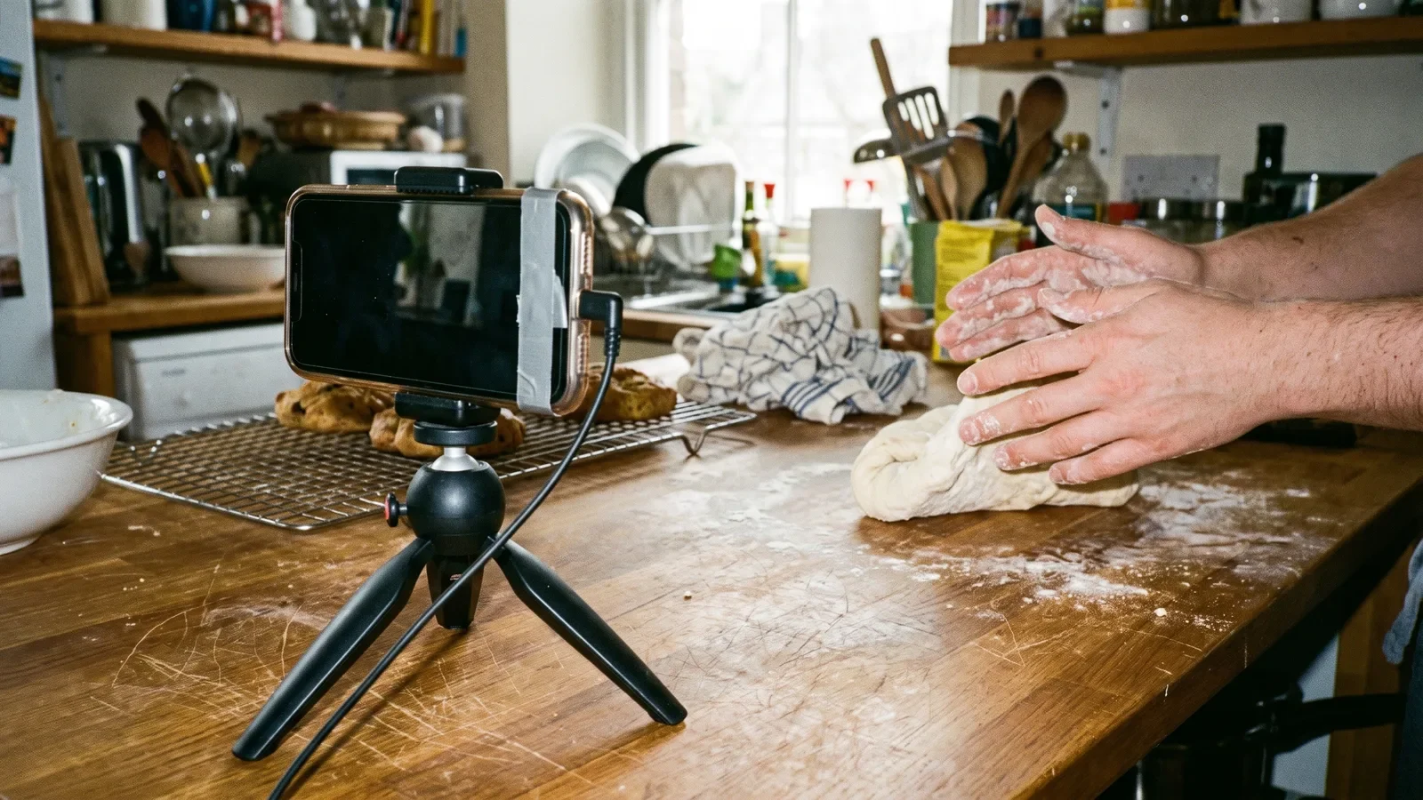 Phone mounted vertically on a tripod filming hands folding dough, a Facebook video marketing hook setup