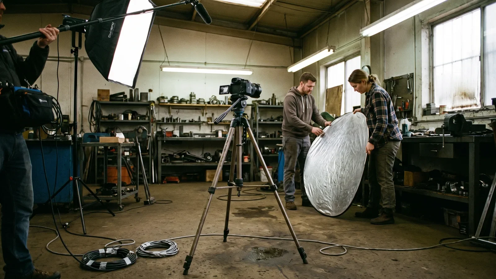Small film crew with tripod camera and softbox light shooting in a workshop