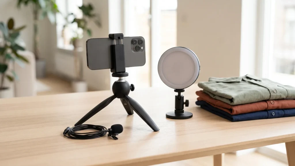 Phone on a small tripod beside a round light, clip-on mic and a stack of folded shirts on a wooden table