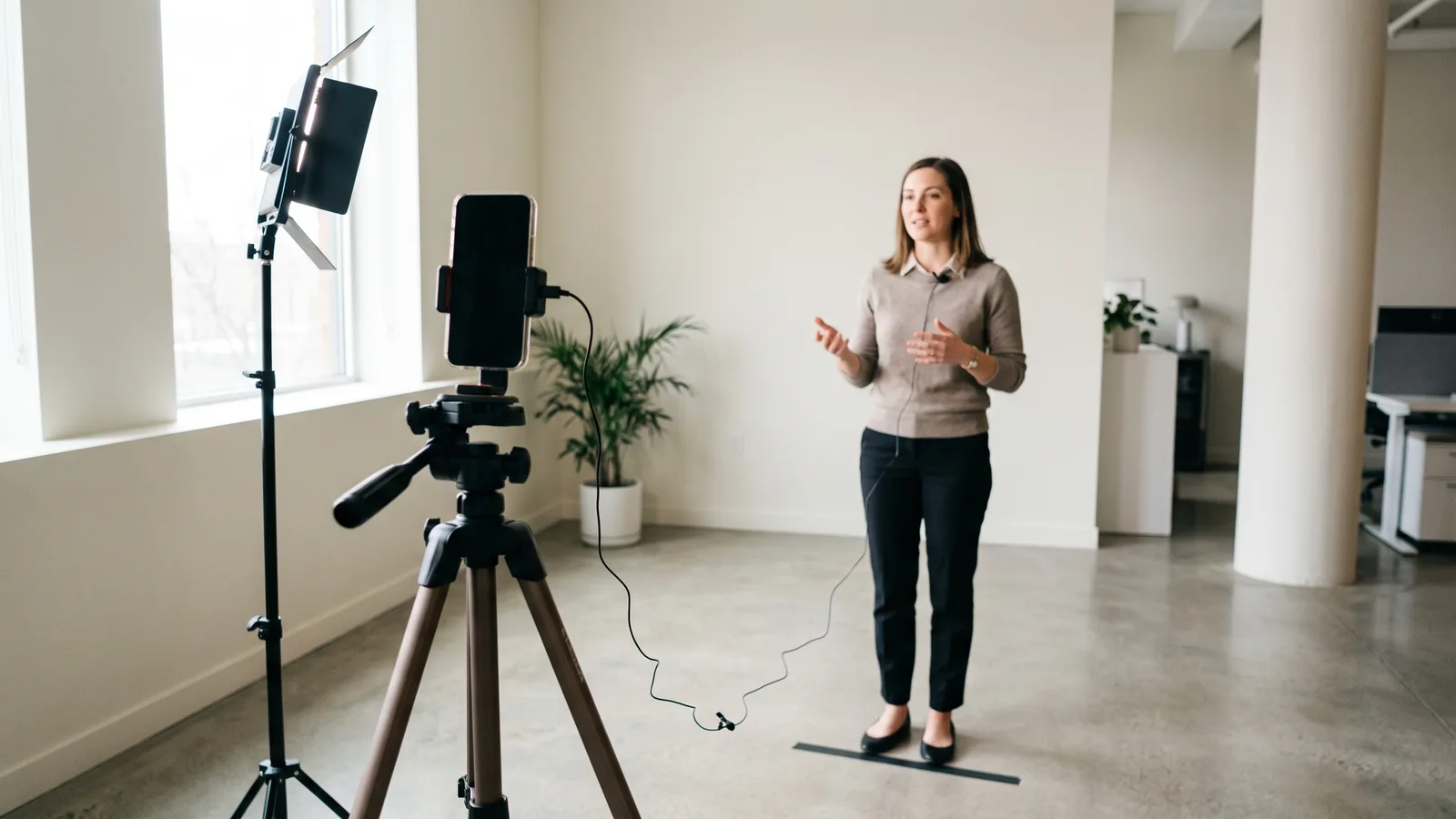 Woman speaking on a taped floor mark in front of a vertically mounted phone on a tripod and a light panel