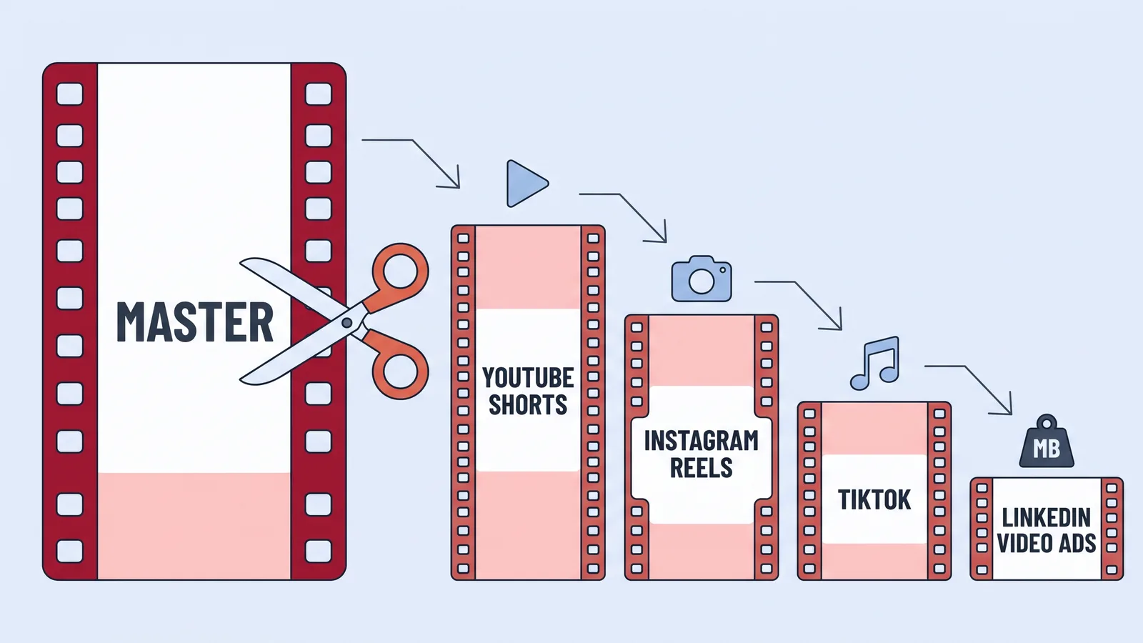 Large film strip labelled Master with scissors, arrows leading to four smaller strips named for social platforms