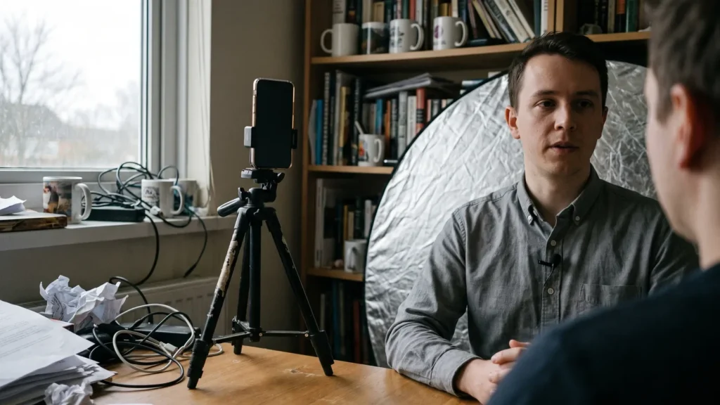 Tripod-mounted phone in portrait orientation with a clip-on microphone on a cluttered desk.