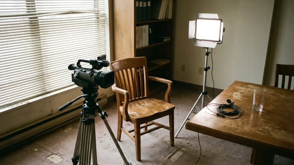 Tripod camera, LED light and lapel mic set up facing an empty chair in a law office