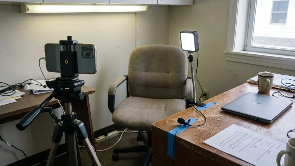 Phone on tripod, LED light and clip-on mic on a desk, the basic video marketing tools kit