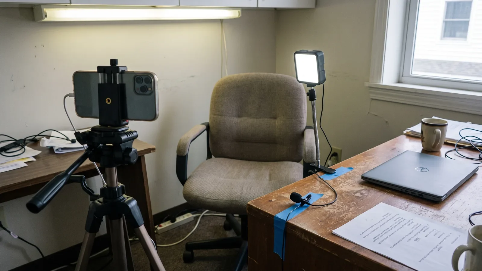 Phone on tripod, LED light and clip-on mic on a desk, the basic video marketing tools kit
